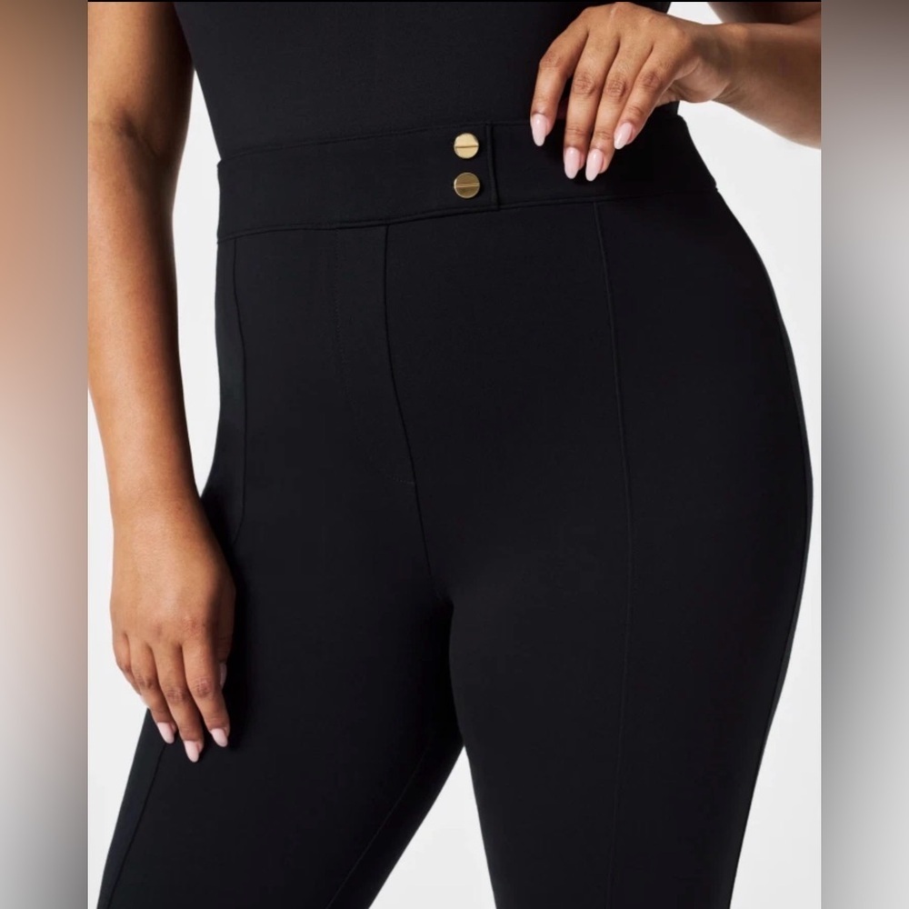 SPANX Black High-Rise Straight-Leg Ponte Pants with Gold Buttons M